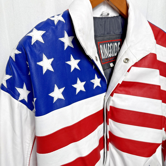 Vintage USA Boxing Leather Bomber Jacket Men's Size L Red White Blue Ringside KS - Picture 5 of 14